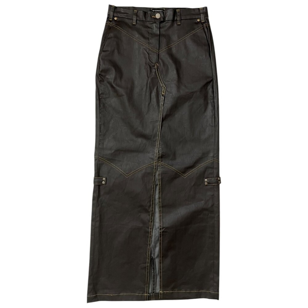 NTK Rodeo Jean Coated Denim Maxi Skirt Size 26 Brown Western Front Slit